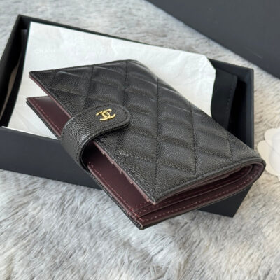 CHANEL 25S MULTI PURPOSE PASSPORT WALLET 15 IN BLACK CALFSKIN GOLD HARDWARE