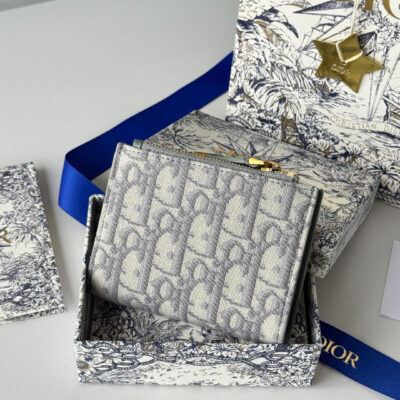 DIOR 25S 30 MONTAIGNE DAHLIA WALLET 11 IN GRAY DIOR OBLIQUE JACQUARD