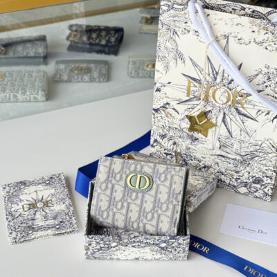 DIOR 25S 30 MONTAIGNE DAHLIA WALLET 11 IN GRAY DIOR OBLIQUE JACQUARD