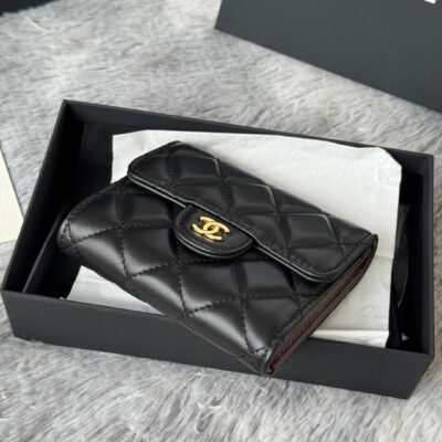 CHANEL 25S CF SMALL TRI FOLD WALLET 11 IN BLACK LAMBSKIN GOLD HARDWARE
