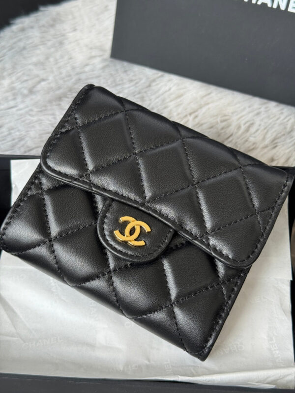 CHANEL 25S CF SMALL TRI FOLD WALLET 11 IN BLACK LAMBSKIN GOLD HARDWARE