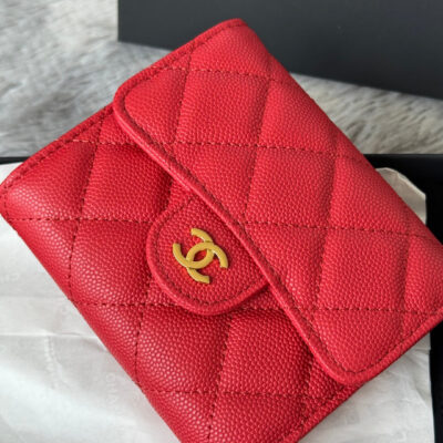 CHANEL 25S CF SMALL TRI FOLD WALLET 11 IN VIVID RED CAVIAR GOLD HARDWARE