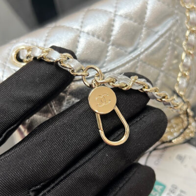 CHANEL 25S FLAP CHARM BAG 13 IN SILVER METALLIC LAMBSKIN