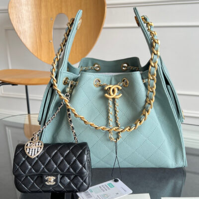 CHANEL 25S HOBO BAG 30 IN SOFT TEAL BLUE CAVIAR WITH GOLD HARDWARE
