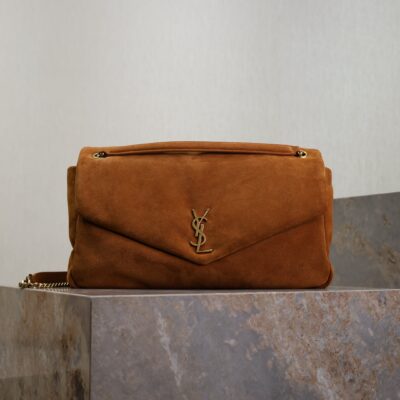 YSL 25S CALYPSO GM 38 IN DARK CARAMEL SUEDE GOLD HARDWARE