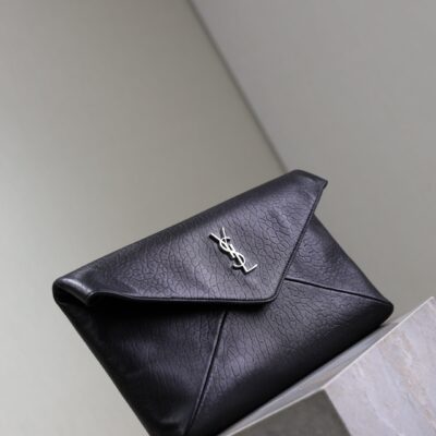 YSL 25S CASSANDRE LARGE ENVELOPE POUCH 29 IN BLACK CALFSKIN GRAY HARDWARE