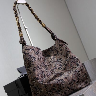 YSL 25S AMALIA 50 IN NAVY MULTICOLOR  SILK TWILL GOLD HARDWARE