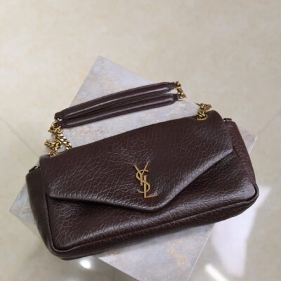 YSL 25S CALYPSO 30 IN DARK CHOCOLATE GRAINED CALFSKIN GOLD HARDWARE