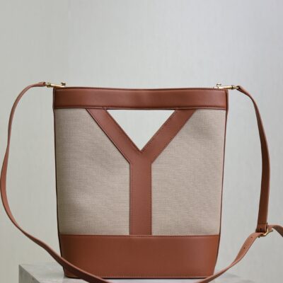 YSL 25S Y SMALL BUCKET 29 IN DESERT DUST AND BRICK CANVAS GOLD HARDWARE
