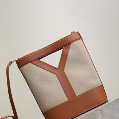 YSL 25S Y SMALL BUCKET 29 IN DESERT DUST AND BRICK CANVAS GOLD HARDWRE