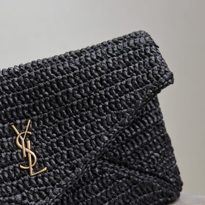 YSL 25S CASSANDRE LARGE ENVELOPE POUCH 29 IN BLACK RAFFIA GOLD HARDWRE
