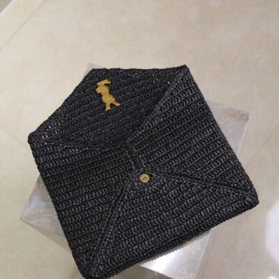 YSL 25S CASSANDRE LARGE ENVELOPE POUCH 29 IN BLACK RAFFIA GOLD HARDWRE