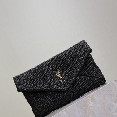 YSL 25S CASSANDRE LARGE ENVELOPE POUCH 29 IN BLACK RAFFIA GOLD HARDWARE