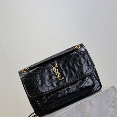 YSL 25S NIKI MM BAG 28 IN BLACK GLOSSY CALFSKIN GOLD HARDWARE