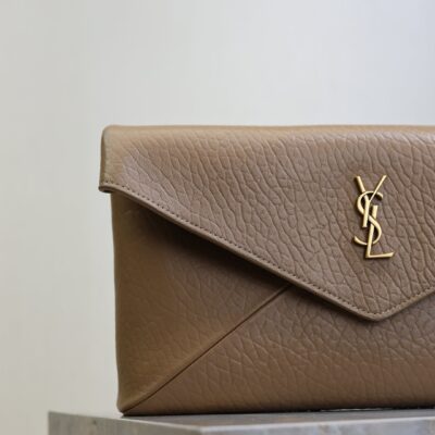 YSL 25S CASSANDRE LARGE ENVELOPE POUCH 29 IN DARK TAUPE CALFSKIN GOLD HARDWARE