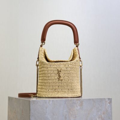 YSL 25S GABY BUCKET BAG 19 IN RAFFIA AND CALFSKIN GOLD HARDWRE