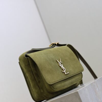 YSL 25S NIKI SATCHEL 22 IN BARLEY GREEN SUEDE GOLD HARDWARE