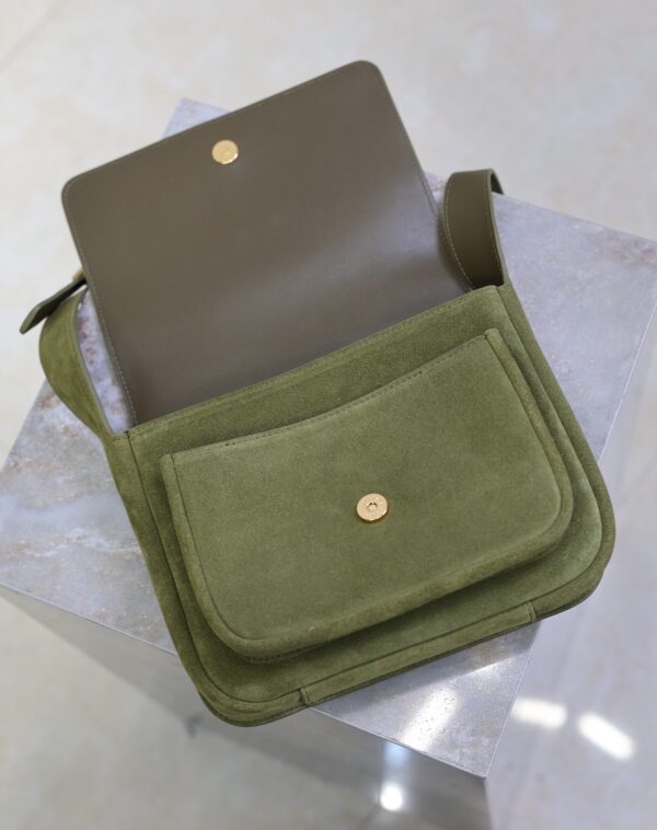 YSL 25S NIKI SATCHEL 22 IN BARLEY GREEN SUEDE GOLD HARDWARE