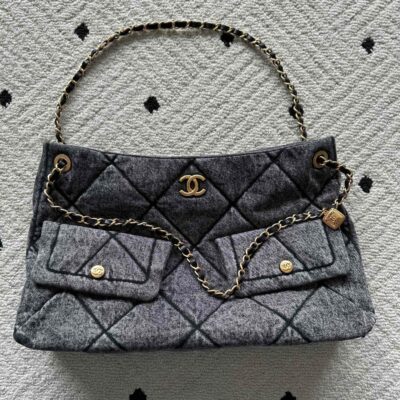 CHANEL 25S HOBO BAG 38 IN DARK GREY DENIM WITH GOLD HARDWARE