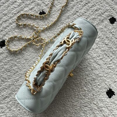 CHANEL 25S CLASSIC WALLET ON CHAIN 19 IN MINT GREEN PASTEL LAMBSKIN WITH GOLD HARDWARE