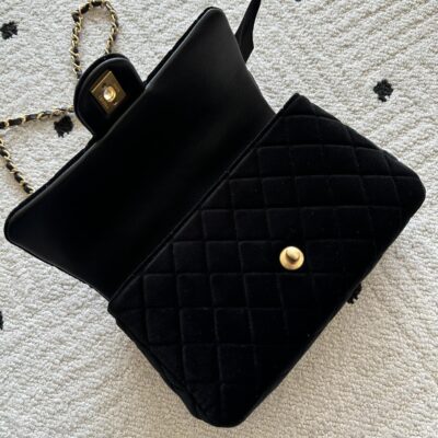 CHANEL 25S MINI FLAP BAG 23 IN BLACK VELVET WITH GOLD HARDWARE