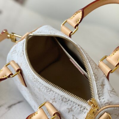 SPEEDY BANDOULIÈRE 20 IN WHITE MONOGRAM JACQUARD AND BEIGE CALFSKIN TRIM