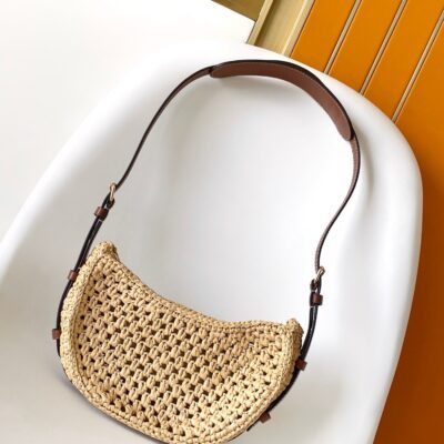 CROISSANT 25 IN NATURAL RAFFIA AND BROWN CALFSKIN TRIM