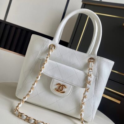 CHANEL 26S QUILTED SMALL SHOPPING TOTE 25 IN WHITE CAVIAR CALFSKIN GOLD HARDWARE