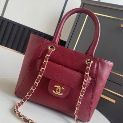 CHANEL 26S QUILTED SMALL SHOPPING TOTE 25 IN BURGUNDY RED CAVIAR CALFSKIN GOLD HARDWARE
