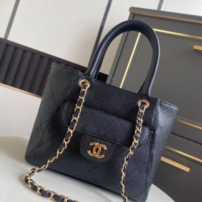 CHANEL 26S QUILTED SMALL SHOPPING TOTE 25 IN BLACK CAVIAR CALFSKIN GOLD HARDWARE