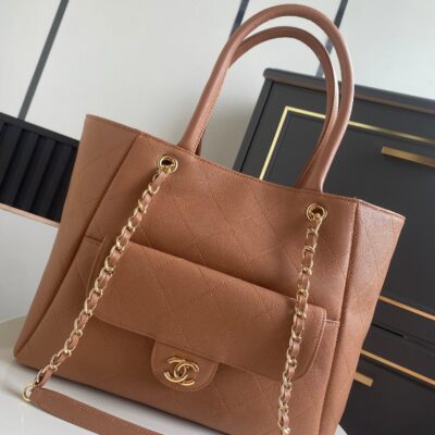 CHANEL 26S QUILTED LARGE SHOPPING TOTE 39 IN CARAMEL BROWN CAVIAR CALFSKIN GOLD HARDWARE