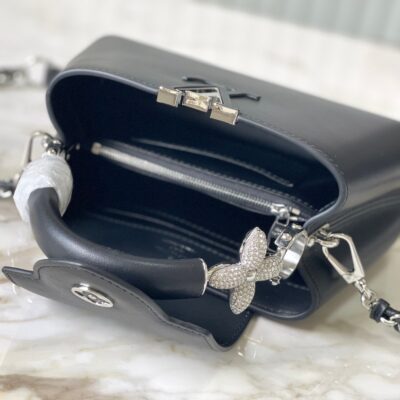 CAPUCINES EAST-WEST MINI 22 IN BLACK SHEEPSKIN CRYSTAL AND SILVER HARDWARE