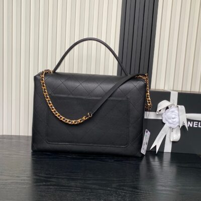 CHANEL 25S TOP HANDLE SHOULDER BAG 37 IN BLACK CALFSKIN WITH GOLD HARDWARE