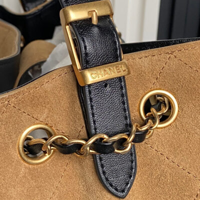 CHANEL 25S HOBO BAG 36 IN BROWN SUEDE AND BLACK CALFSKIN WITH GOLD HARDWARE