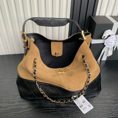 CHANEL 25S HOBO BAG 36 IN BROWN SUEDE AND BLACK CALFSKIN WITH GOLD HARDWARE