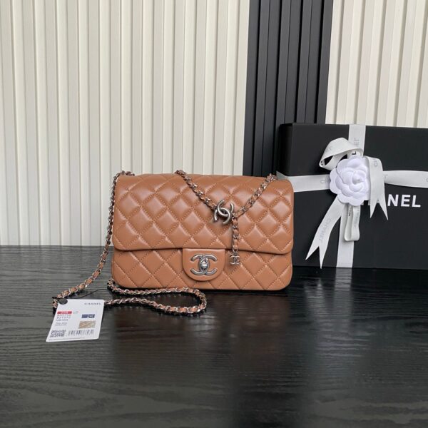 CHANEL 25S FLAP BAG 23 IN DARK CARAMEL CALFSKIN SILVER HARDWARE