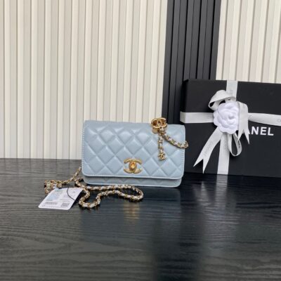 CHANEL 25S CHAIN WALLET 19 IN LIGHT BLUE LAMBSKIN GOLD HARDWARE