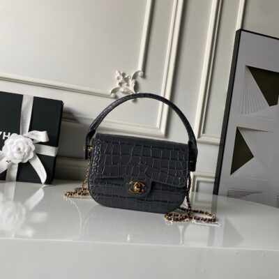 CHANEL 26S TOP HANDLE BAG 19 IN DARK GREY CROCODILE-EMBOSSED CALFSKIN GOLD HARDWARE