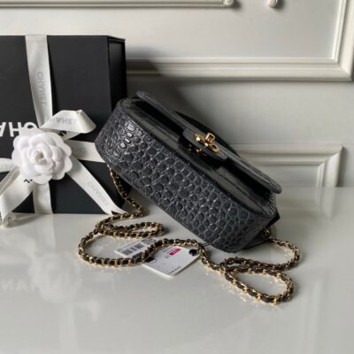 CHANEL 26S TOP HANDLE BAG 19 IN DARK GREY CROCODILE-EMBOSSED CALFSKIN GOLD HARDWARE