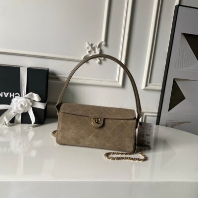 CHANEL 26S BARREL CLUTCH WITH CHAIN 23 IN DARK KHAKI BROWN SUEDE AND CALFSKIN GOLD HARDWARE