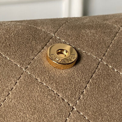 CHANEL 26S BARREL CLUTCH WITH CHAIN 23 IN DARK KHAKI BROWN SUEDE AND CALFSKIN GOLD HARDWARE