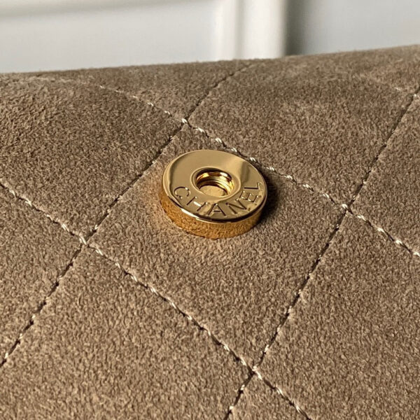 CHANEL 26S BARREL CLUTCH WITH CHAIN 23 IN DARK KHAKI BROWN SUEDE AND CALFSKIN GOLD HARDWARE