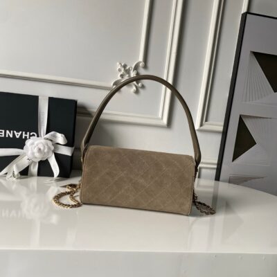 CHANEL 26S BARREL CLUTCH WITH CHAIN 23 IN DARK KHAKI BROWN SUEDE AND CALFSKIN GOLD HARDWARE
