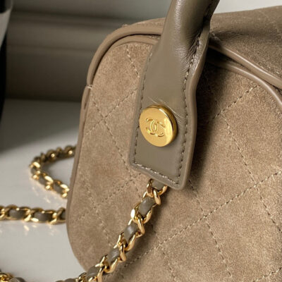 CHANEL 26S BARREL CLUTCH WITH CHAIN 23 IN DARK KHAKI BROWN SUEDE AND CALFSKIN GOLD HARDWARE