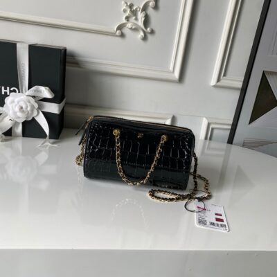CHANEL 26S MINI TIMELESS CLASSIC BARREL BAG 19 IN BLACK CROCODILE-EMBOSSED PATENT CALFSKIN GOLD HARDWARE