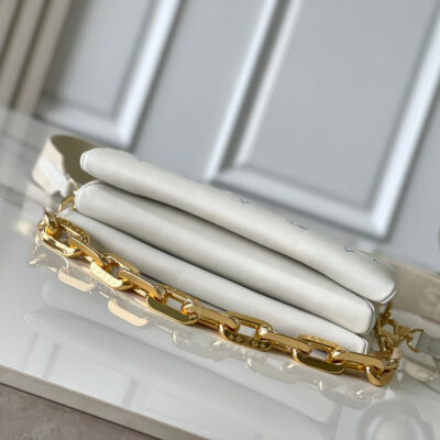 COUSSIN PM 26 IN WHITE BLUE MONOGRAM EMBOSSED LAMBSKIN GOLD HARDWARE