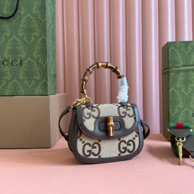 BAMBOO 1947 MINI BAG 17 IN BROWN CALFSKIN AND BEIGE CANVAS