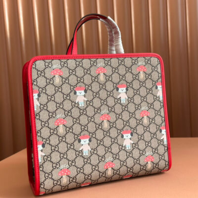 CHILDREN'S PRINTED DOG TOTE BAG 28.5 IN BEIGE AND DARK BROWN GG CANVAS RED TRIM