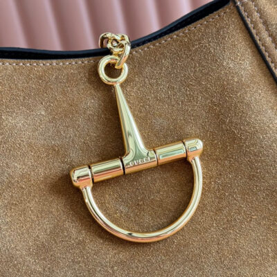 GUCCI 25S HANDBAG 28 CM IN DARK WOOD BROWN SUEDE WITH GOLD HARDWARE