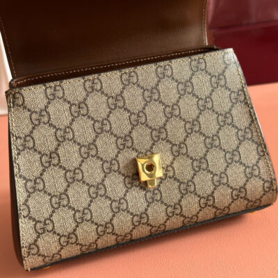 GUCCI 25S HORSEBIT 1955 MEDIUM SHOULDER BAG 22 CM IN DARK BEIGE CANVAS AND BROWN CALFSKIN WITH GOLD HARDWARE